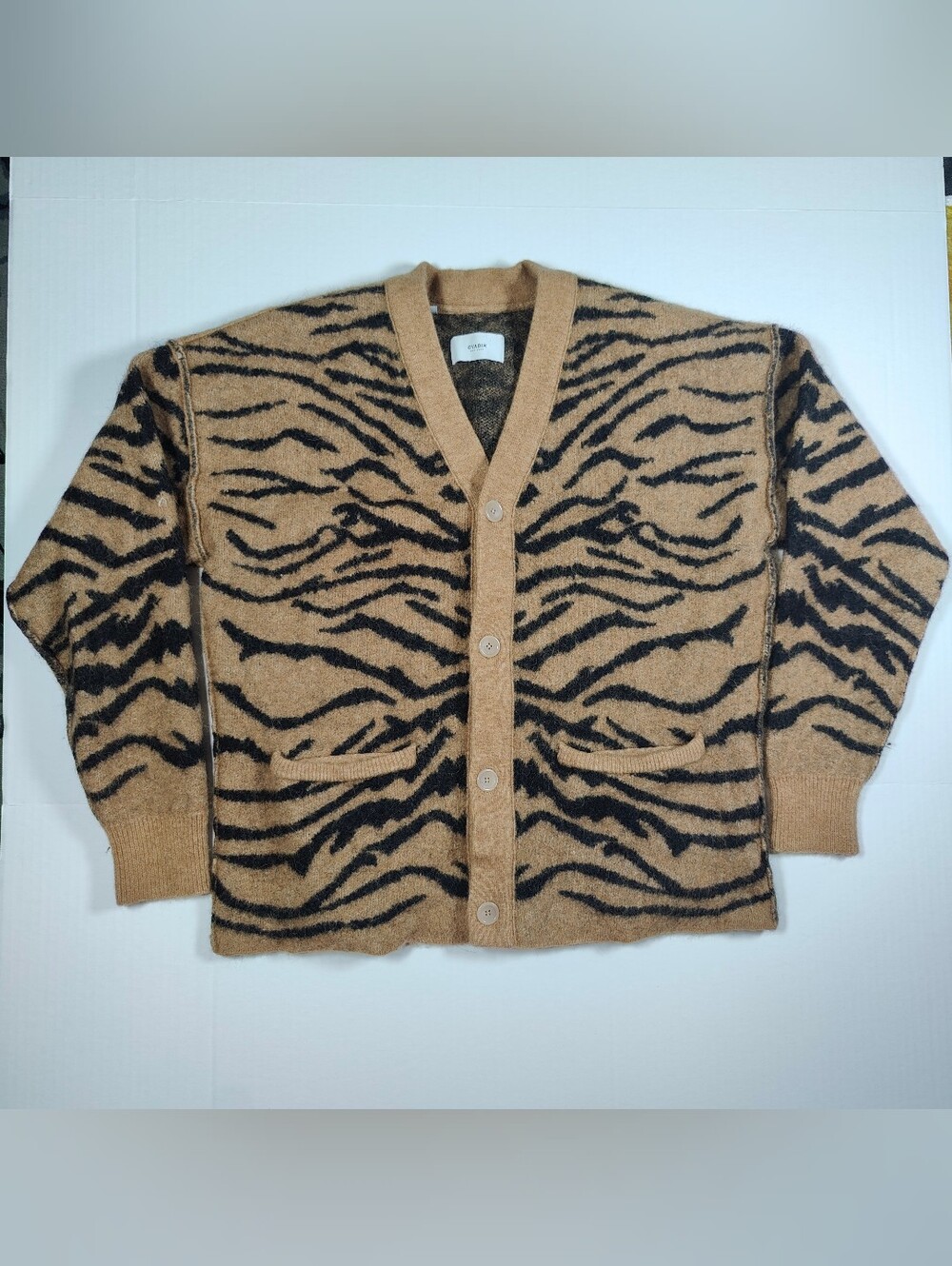 Ovadia & Sons Beige Black Animal Print V Neck Alpaca Wool Cardigan Size M